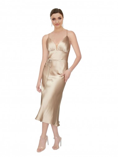 Sleeveless V-Neck Silky Satin Midi Length Formal Evening Dress Canada Clearance