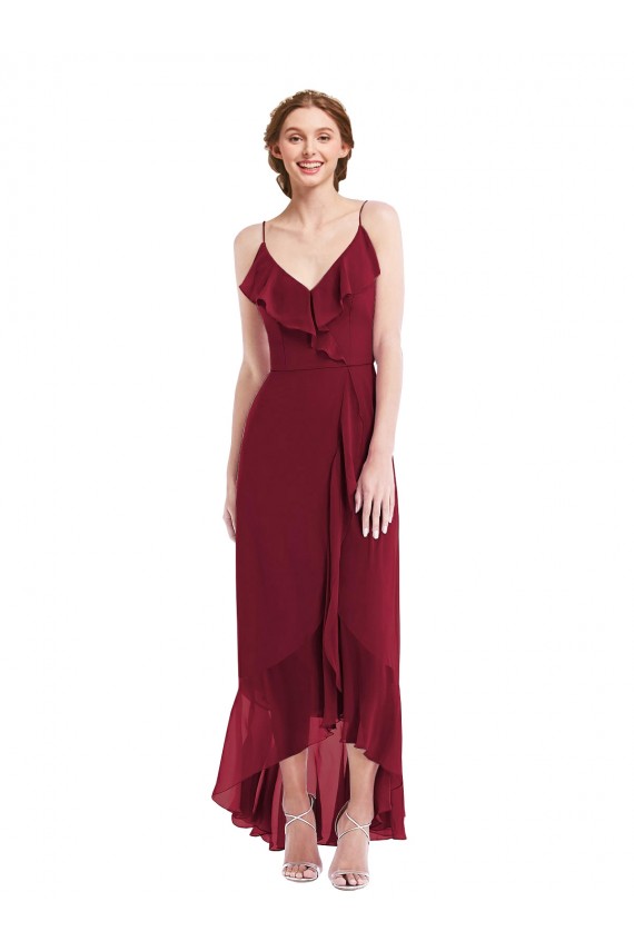 Sleeveless V-Neck Soft Chiffon Burgundy Long High Low Evening Dress Canada Clearance