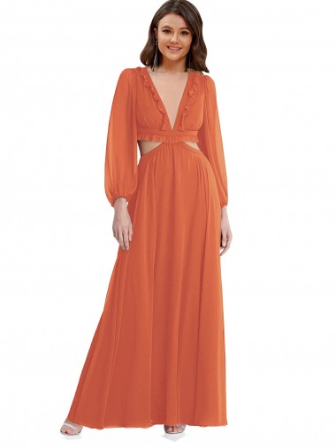 Long Sleeves V-Neck Soft Chiffon Firecracker Long High Low Evening Dress Canada Clearance