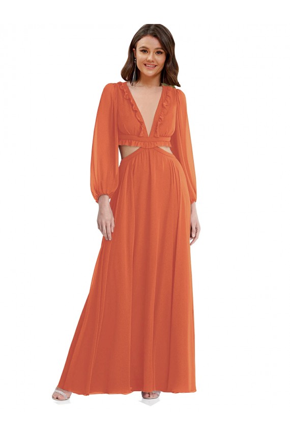 Long Sleeves V-Neck Soft Chiffon Firecracker Long High Low Evening Dress Canada Clearance
