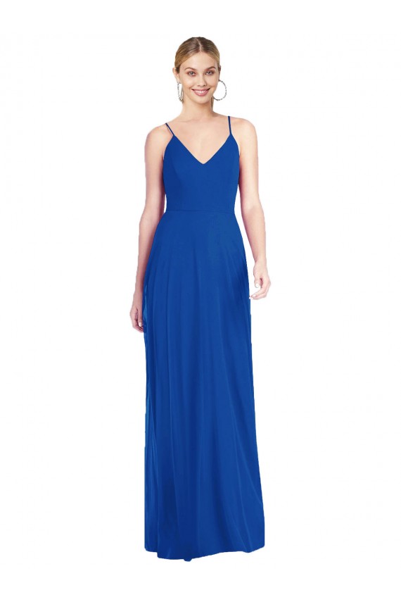 Sleeveless V-Neck Soft Chiffon Royal Blue Long Formal Dress Canada Clearance