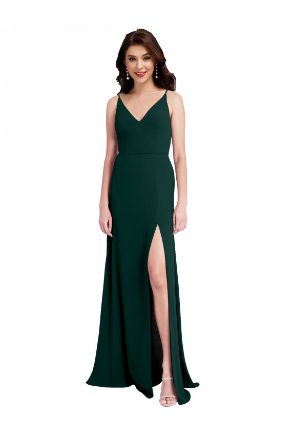 Sleeveless V-Neck Stretch Crepe Midnight Green Long Formal Evening Dress Canada Clearance