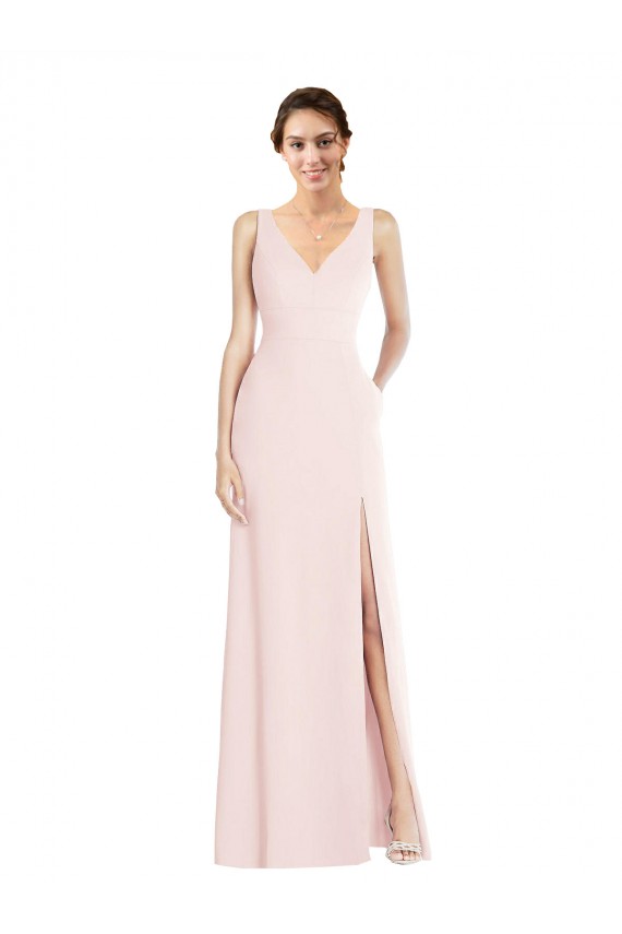 Sleeveless V-Neck Stretch Crepe Pink Long Black Tie Evening Dress Canada Clearance