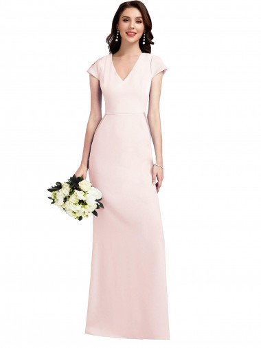 Cap Sleeves V-Neck Stretch Crepe Pink Long Formal Evening Dress Canada Clearance