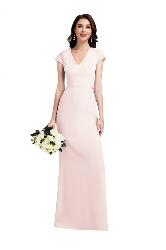 Cap Sleeves V-Neck Stretch Crepe Pink Long Formal Evening Dress Canada Clearance