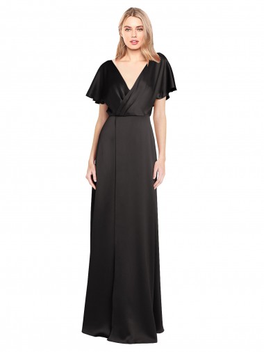 Cap Sleeves V-Neck Stretch Satin Black Long Evening Dress Canada Clearance
