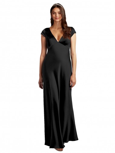 Cap Sleeves V-Neck Stretch Satin Black Long Formal Evening Dress Canada Clearance