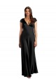 Cap Sleeves V-Neck Stretch Satin Black Long Formal Evening Dress Canada Clearance