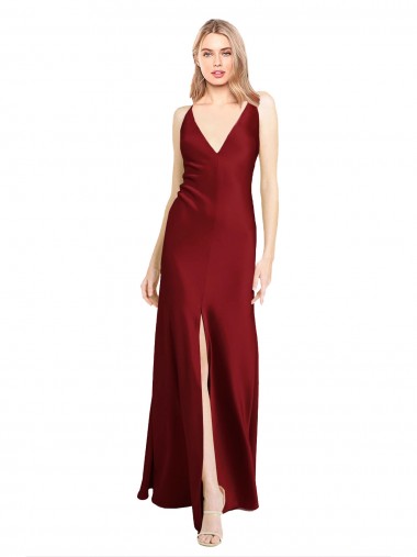 Sleeveless V-Neck Stretch Satin Burgundy Long Black Tie Evening Dress Canada Clearance