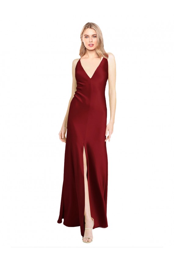 Sleeveless V-Neck Stretch Satin Burgundy Long Black Tie Evening Dress Canada Clearance