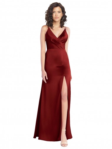 Sleeveless V-Neck Stretch Satin Burgundy Long Formal Dress Canada Clearance