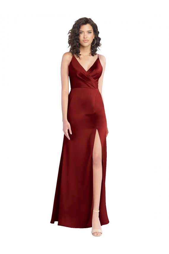 Sleeveless V-Neck Stretch Satin Burgundy Long Formal Dress Canada Clearance