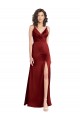 Sleeveless V-Neck Stretch Satin Burgundy Long Formal Dress Canada Clearance