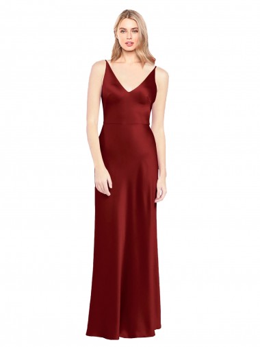 Sleeveless V-Neck Stretch Satin Burgundy Long Formal Evening Dress Canada Clearance