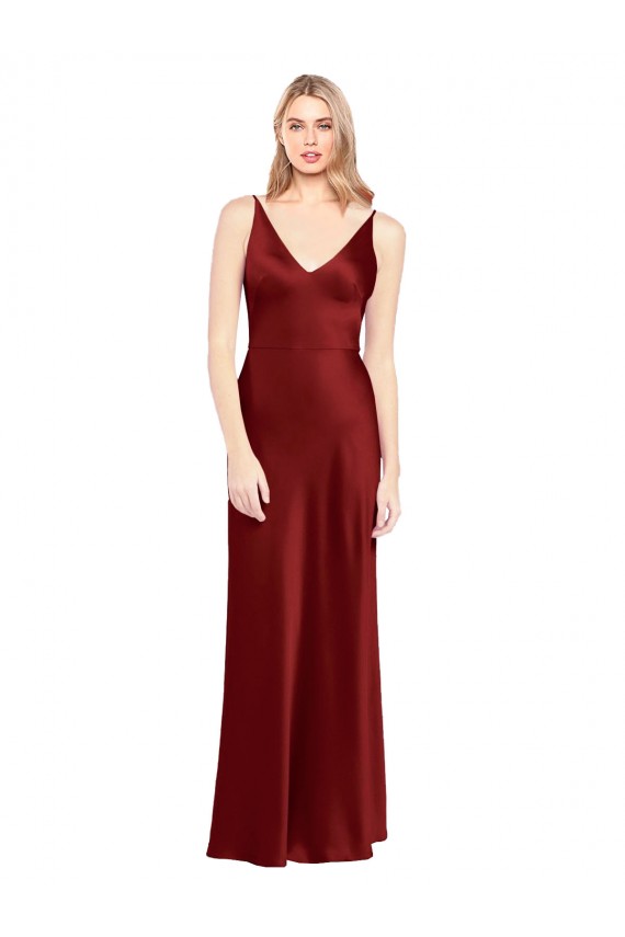Sleeveless V-Neck Stretch Satin Burgundy Long Formal Evening Dress Canada Clearance