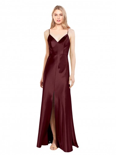Sleeveless V-Neck Stretch Satin Burgundy Gold Long Evening Dress Canada Clearance