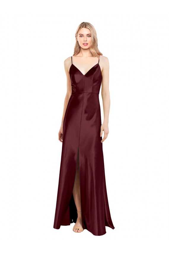 Sleeveless V-Neck Stretch Satin Burgundy Gold Long Evening Dress Canada Clearance