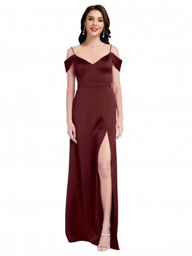 Sleeveless V-Neck Stretch Satin Burgundy Gold Long Formal Dress Canada Clearance