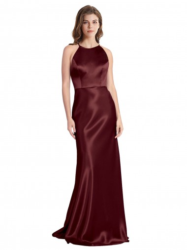 Sleeveless V-Neck Stretch Satin Burgundy Gold Long Formal Evening Dress Canada Clearance