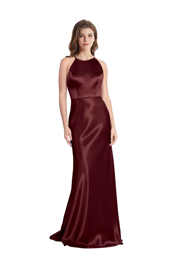 Sleeveless V-Neck Stretch Satin Burgundy Gold Long Formal Evening Dress Canada Clearance