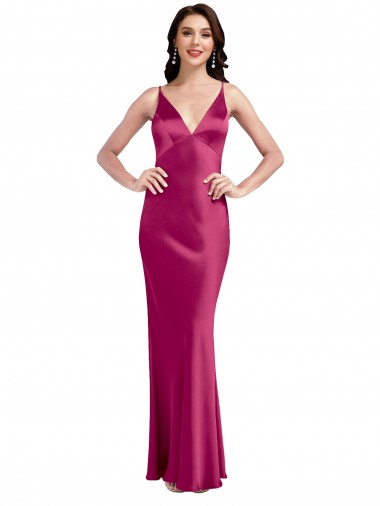 Sleeveless V-Neck Stretch Satin Fuchsia Long Formal Evening Dress Canada Clearance