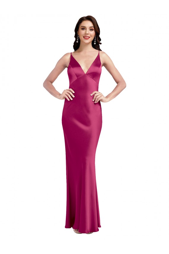 Sleeveless V-Neck Stretch Satin Fuchsia Long Formal Evening Dress Canada Clearance
