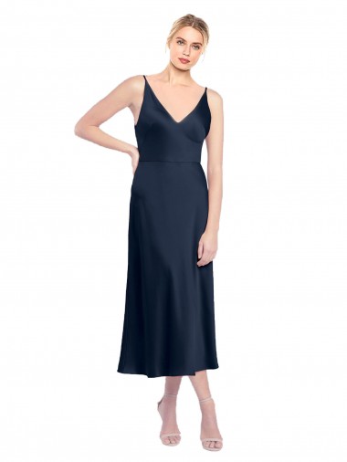 Sleeveless V-Neck Stretch Satin Dark Navy Midi Length Formal Evening Dress Canada Clearance