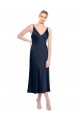 Sleeveless V-Neck Stretch Satin Dark Navy Midi Length Formal Evening Dress Canada Clearance