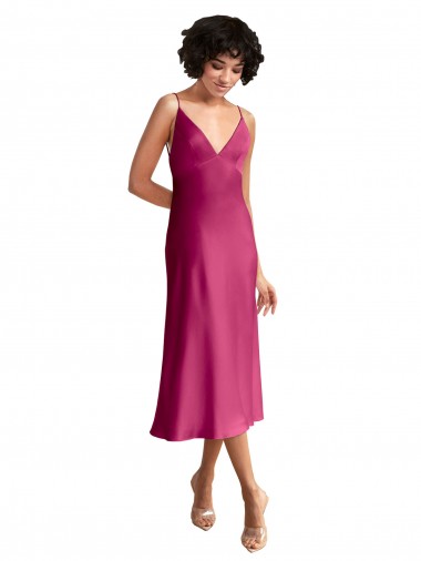 Sleeveless V-Neck Stretch Satin Fuchsia Midi Length Formal Evening Dress Canada Clearance