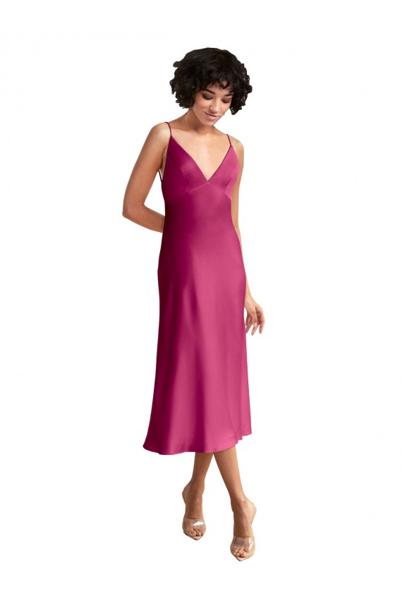 Sleeveless V-Neck Stretch Satin Fuchsia Midi Length Formal Evening Dress Canada Clearance