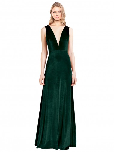 Sleeveless V-Neck Stretch Velvet Dark Green Long Evening Dress Canada Clearance