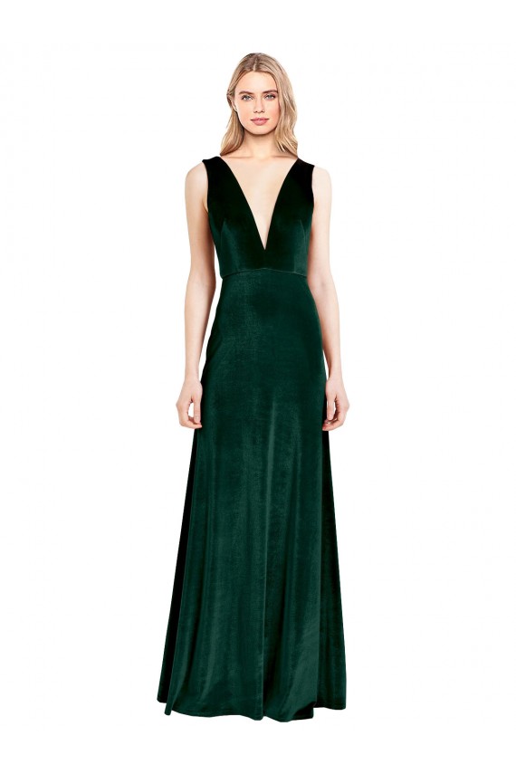 Sleeveless V-Neck Stretch Velvet Dark Green Long Evening Dress Canada Clearance
