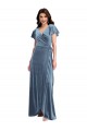 Flutter Sleeves V-Neck Stretch Velvet Dusty Blue Long Black Tie Evening Dress Canada Clearance