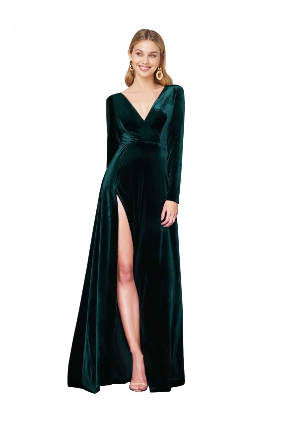 Long Sleeves V-Neck Stretch Velvet Dark Green Sweep Train Black Tie Evening Dress Canada Clearance