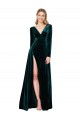 Long Sleeves V-Neck Stretch Velvet Dark Green Sweep Train Black Tie Evening Dress Canada Clearance
