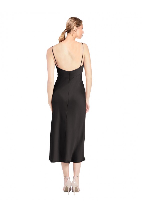 Sleeveless Cowl Neck Stretch Satin Black Midi Length Formal Evening Dress Canada Clearance
