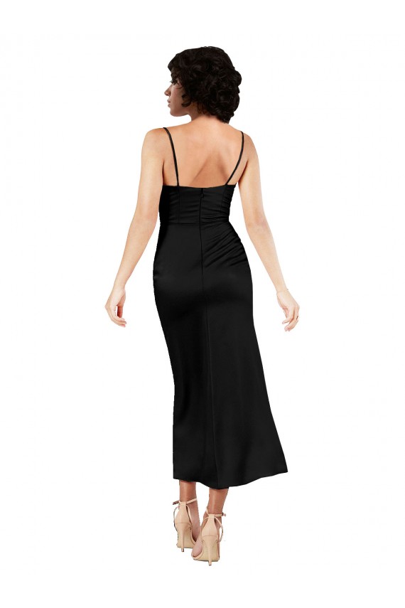 Sleeveless Cowl Neck Silky Satin Black Tea Length Formal Evening Dress Canada Clearance