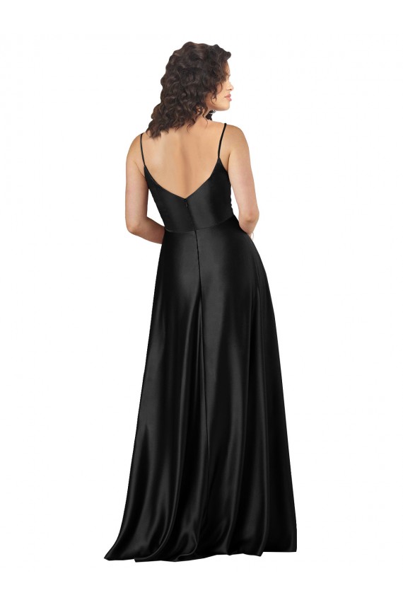 Sleeveless V-Neck Silky Satin Black Long Formal Dress Canada Clearance