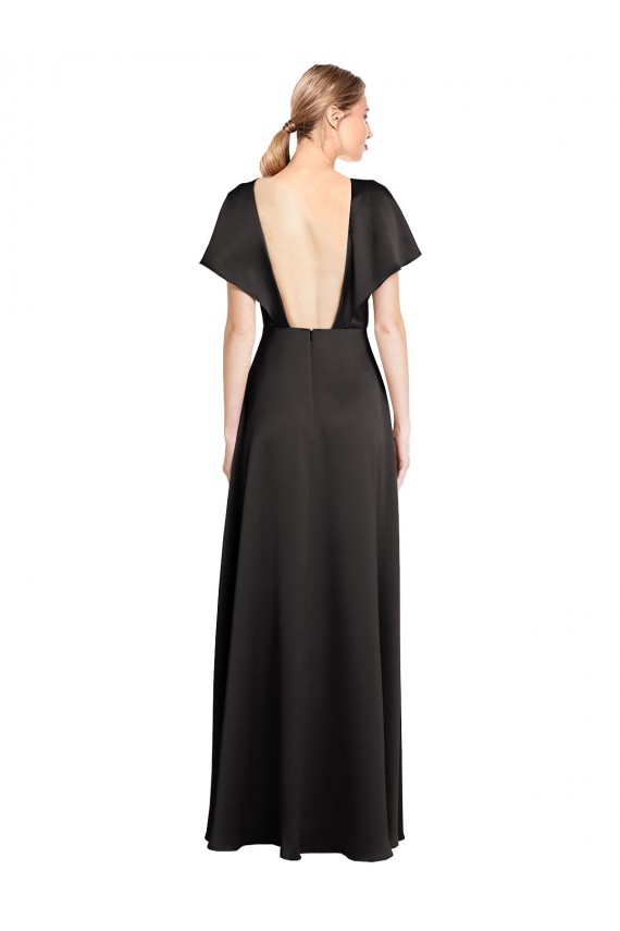 Cap Sleeves V-Neck Stretch Satin Black Long Evening Dress Canada Clearance