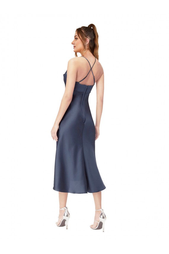 Sleeveless Cowl Neck Silky Satin Black Midi Length High Low Evening Dress Canada Clearance