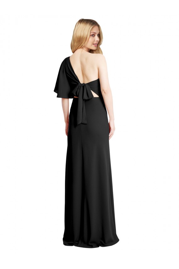 Flutter Sleeves One Shoulder Stretch Crepe Black Long Formal Evening Dress Canada Clearance