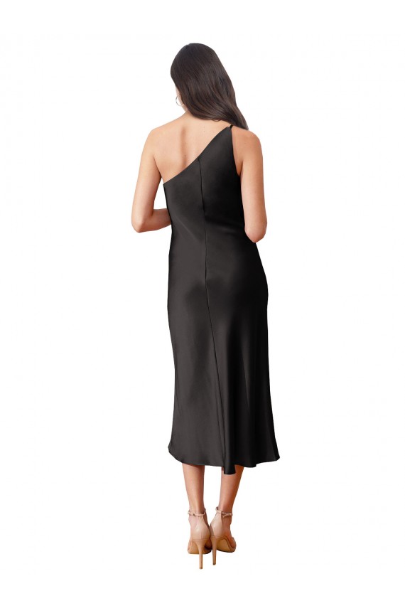 Sleeveless One Shoulder Stretch Satin Black Midi Length Black Tie Evening Dress Canada Clearance