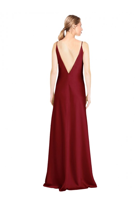 Sleeveless V-Neck Stretch Satin Burgundy Long Black Tie Evening Dress Canada Clearance