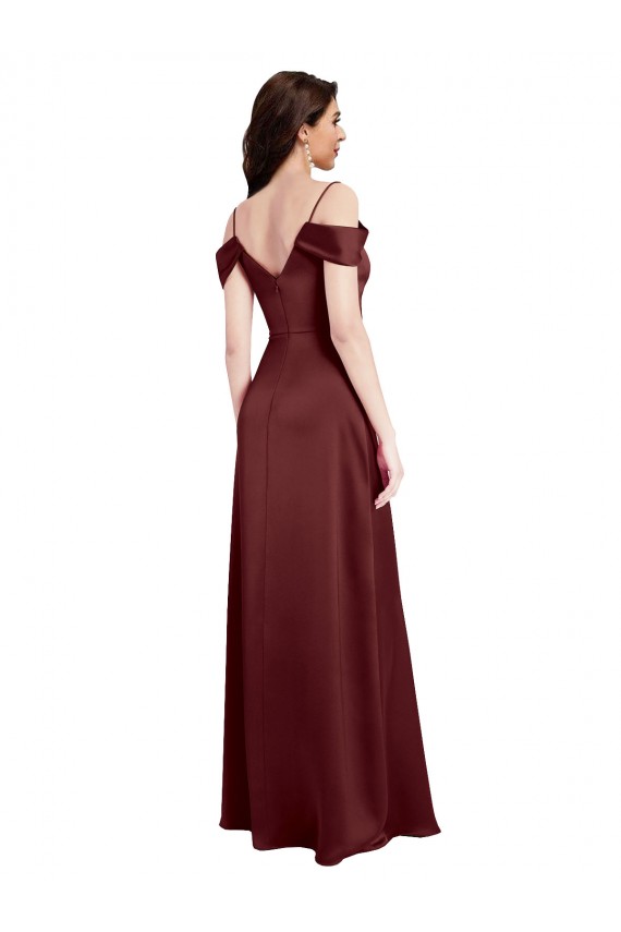 Sleeveless V-Neck Stretch Satin Burgundy Gold Long Formal Dress Canada Clearance
