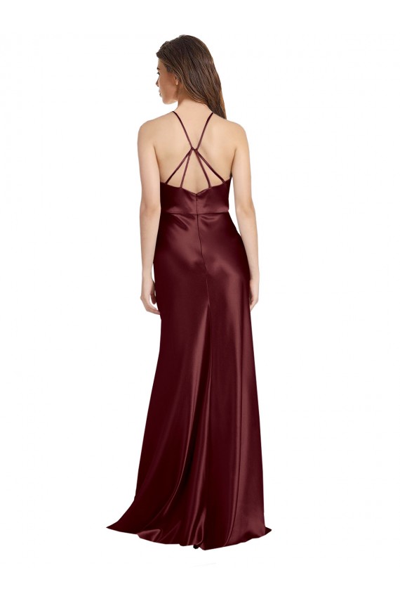 Sleeveless V-Neck Stretch Satin Burgundy Gold Long Formal Evening Dress Canada Clearance