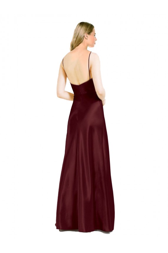 Sleeveless V-Neck Stretch Satin Burgundy Gold Long Evening Dress Canada Clearance