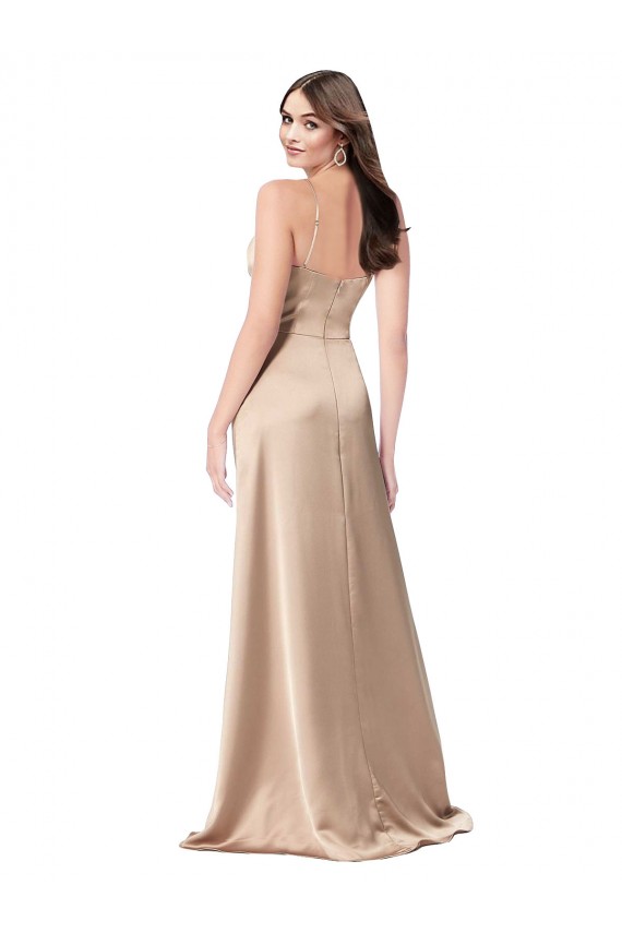 Sleeveless V-Neck Silky Satin Champagne Pink Long Formal Evening Dress Canada Clearance