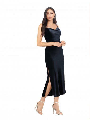 Sleeveless Cowl Neck Stretch Velvet Dark Navy Midi Length Formal Evening Dress Canada Clearance