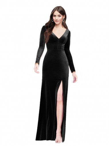 Long Sleeves V-Neck Stretch Velvet Black Long Formal Evening Dress Canada Clearance