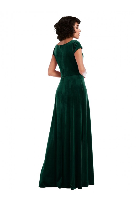 Cap Sleeves Cowl Neck Stretch Velvet Dark Green Long Black Tie Evening Dress Canada Clearance